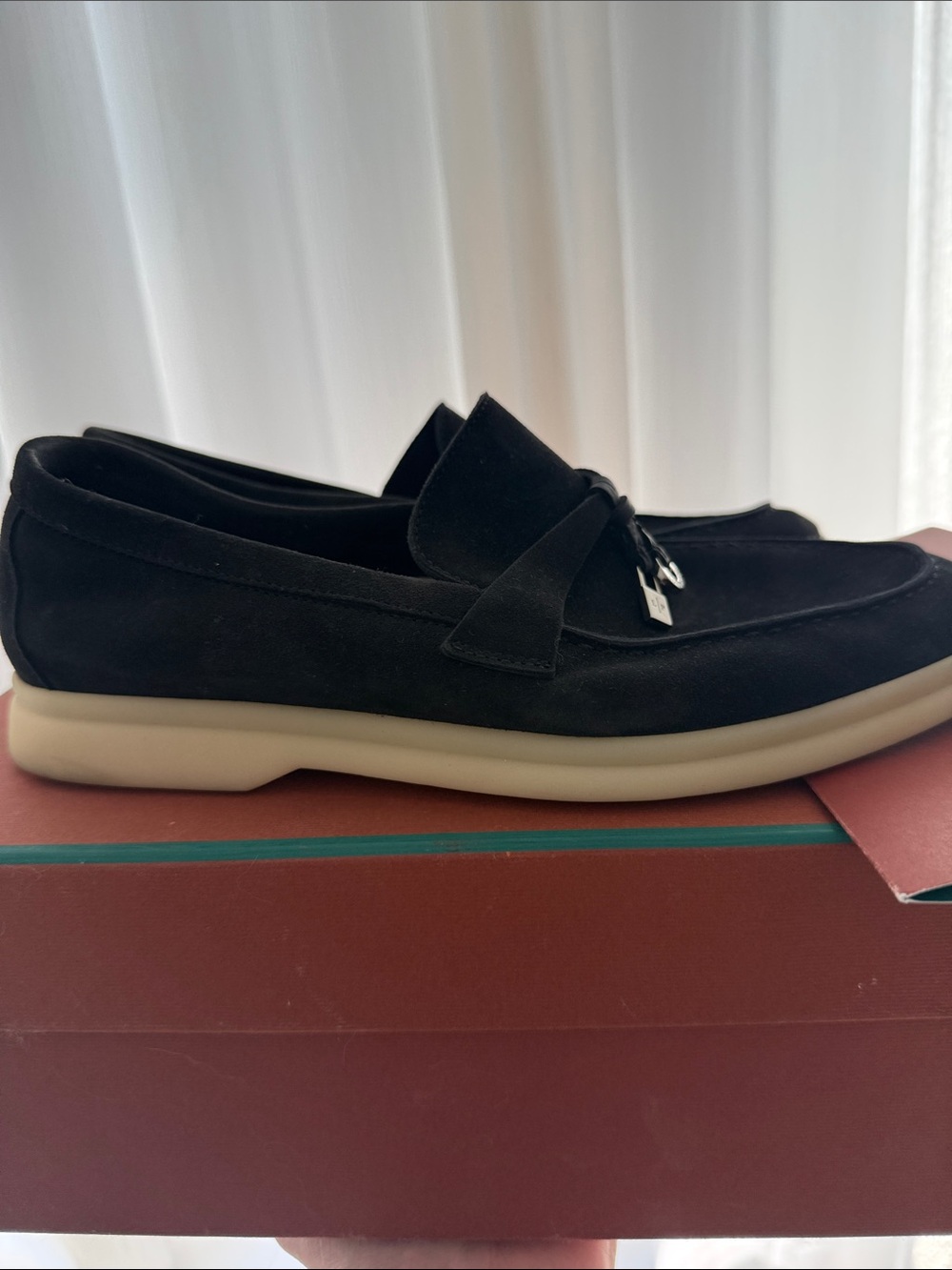 Loro Piana Black Suede Tassel Loafers with Cream Sole - Picture 2 of 5